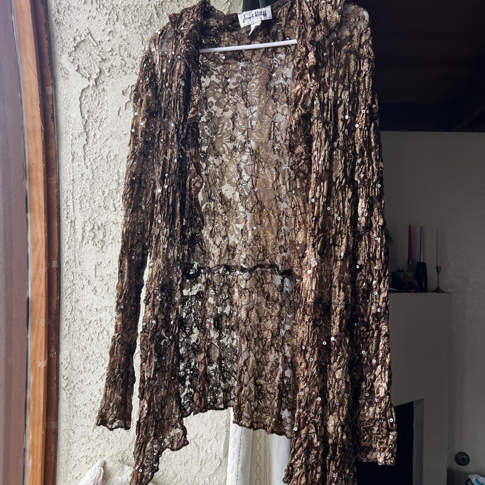 Brown Sheer Sequined Lace Cardigan